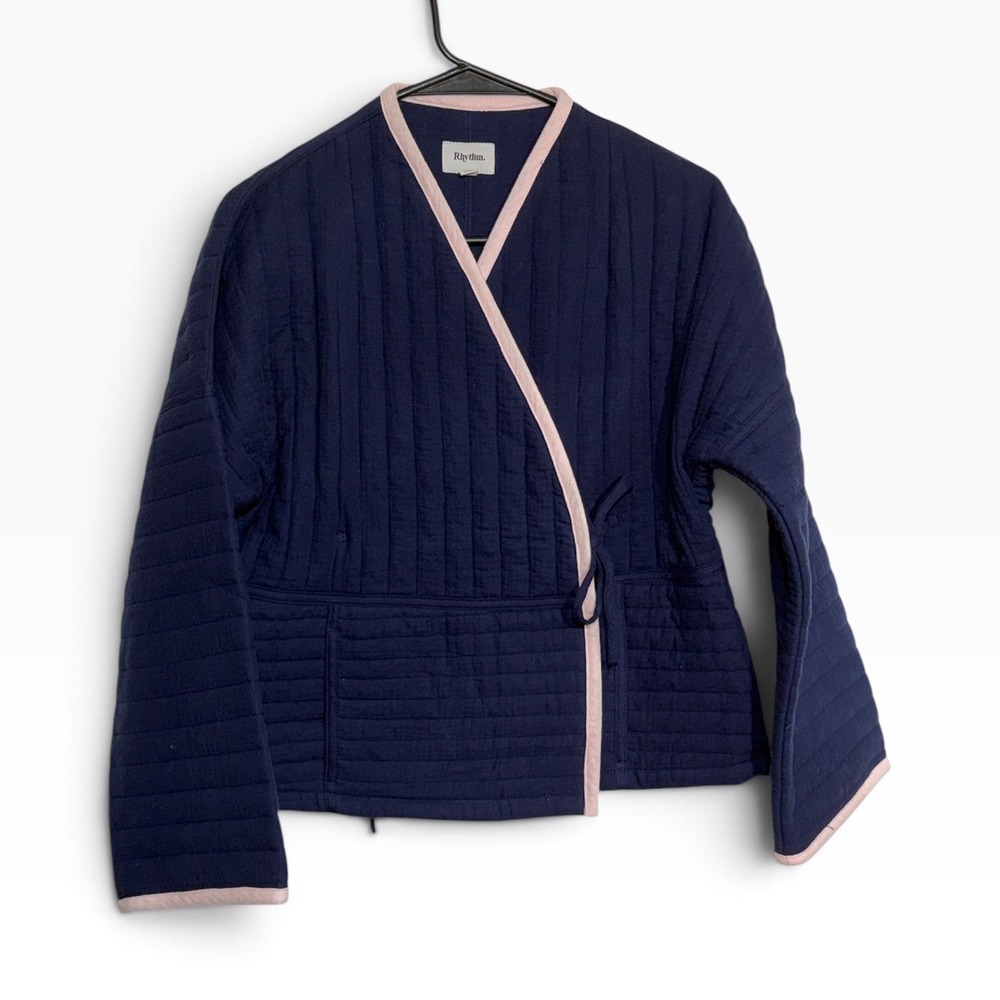 Rhythm Navy Blue Quilted Wrap Jacket Pink Trim Cotton Designer Garmentory Small
